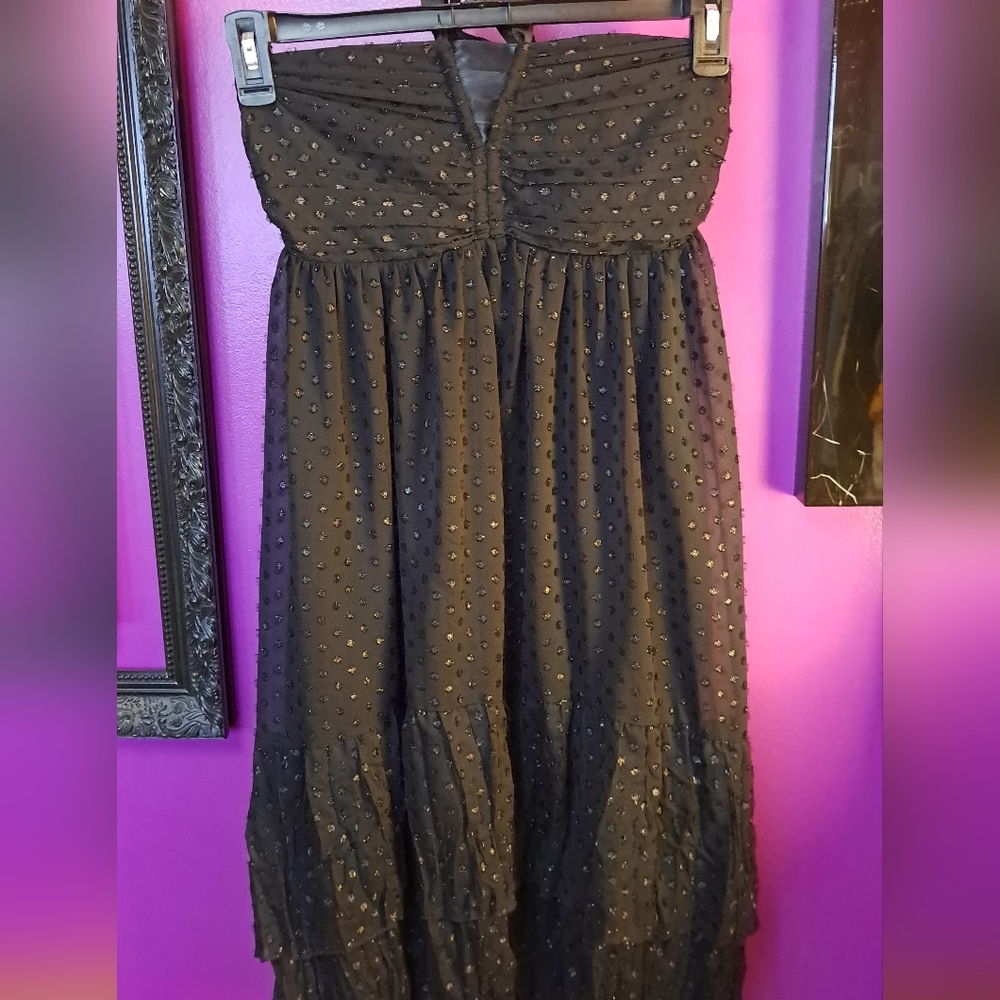 Black Layered Dress With Neck Tie. Metallic Black Polka Dots. Size 8